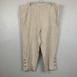 Chico's Linen Crop Wide Leg Pants Womens Size Large (2) Tan Elastic Button Hem